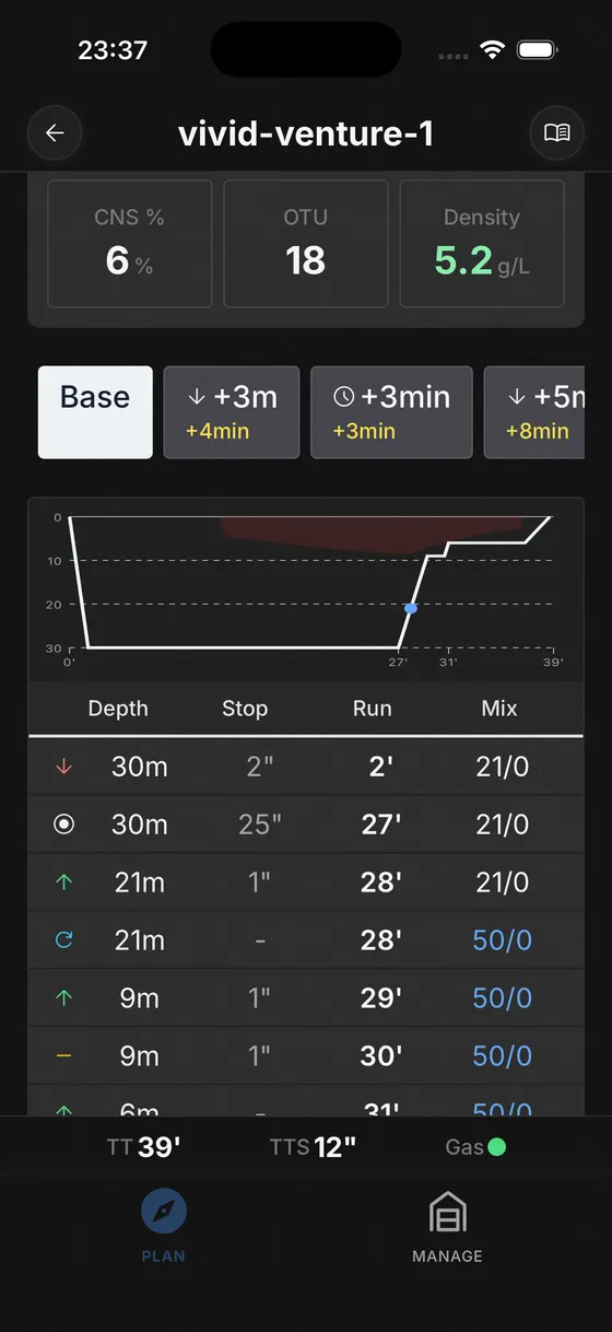 Skuba Deco Planner on phone showing dive profile with decompression stops