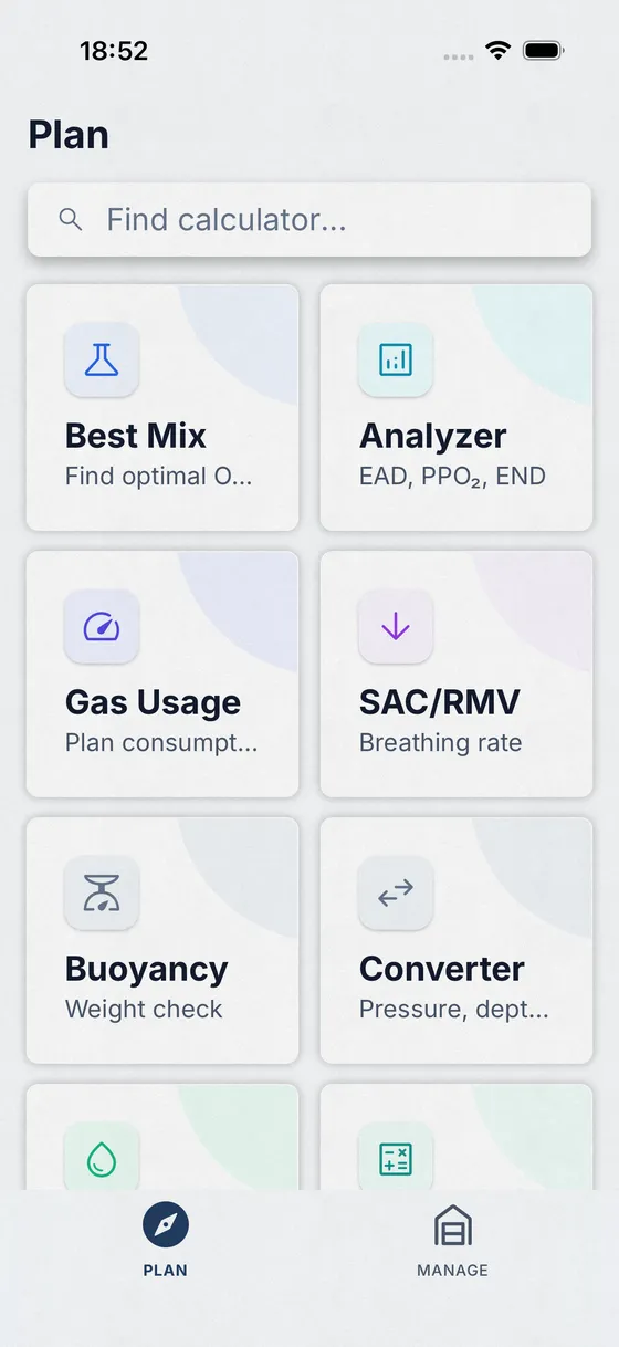 Skuba app Plan screen showing dive calculator tools