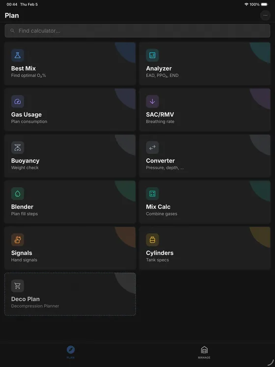 Skuba app on tablet showing all dive planning tools